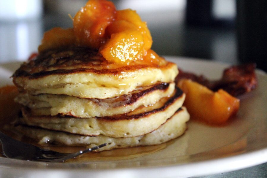 Peach Buttermilk Pancakes with Butter Brown Sugar Topping