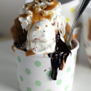 Nutty Peanut Buttery Hot Fudge Ice Cream Sundaes. I know, I know, I'm so bad. Rich and creamy ice cream with crumbly cookies, peanut butter, waffle cones bites, hot fudge, whipped cream...the works!