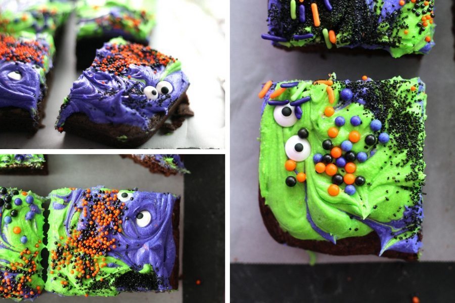 A collage photo showing the different monster faces of the Halloween Brownies