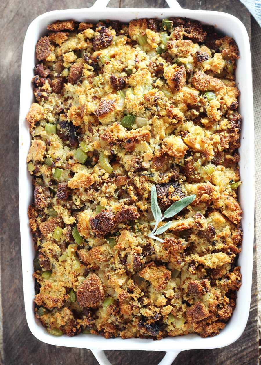 A pan of cornbread dressing is perfect for your Thanksgiving celebrations.