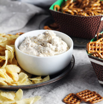 french onion dip, pretzels and chips for snacking