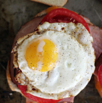 overhead picture of a fried egg on a ham sandwich