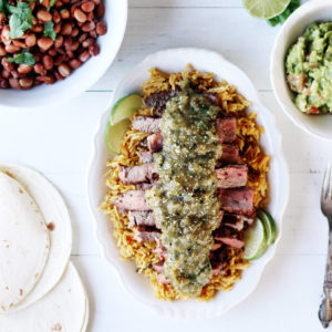 Mesquite Grilled Steaks with Grilled Tomatillo Salsa Verde