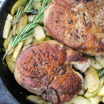 seared chops baked with granny smith apples and fresh rosemary