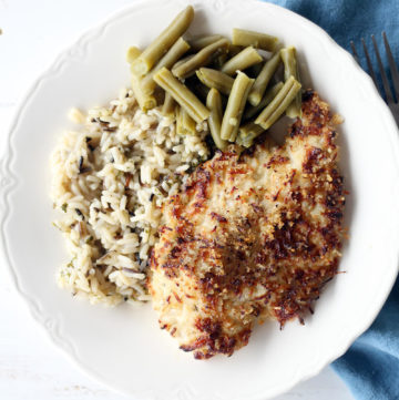 Parmesan Crusted Chicken with wild rice and green beans